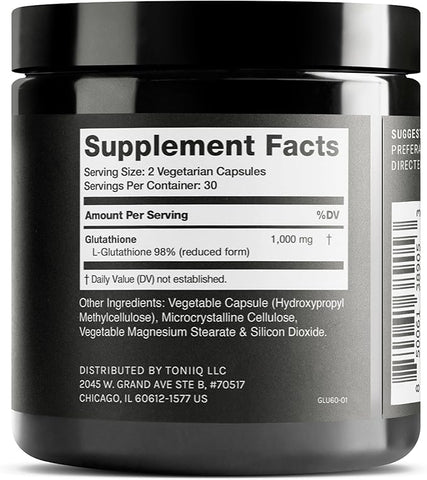 Toniiq Ultra High Strength Glutathione Capsules - 1000mg Concentrated Formula 60 Capsules Reduced Glutathione Supplement