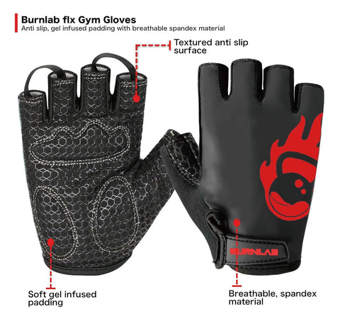 Burnlab Flex Gym Gloves for Men and Women - Ideal for Weightlifting, Cycling, Crossfit, Offers Good Grip and Soft Padding (Black & Red Large)