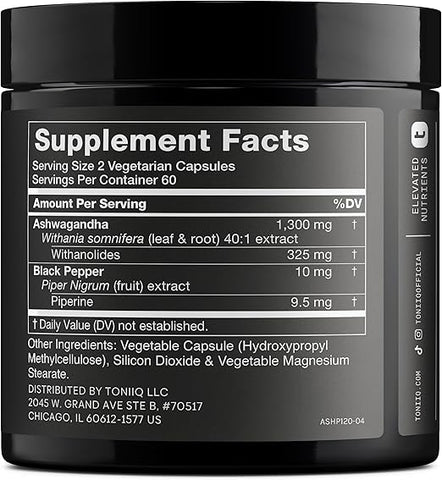 Toniiq Ashwagandha - Ultra High Potency 40:1 Extract With 25% Withanolides 120 Capsules