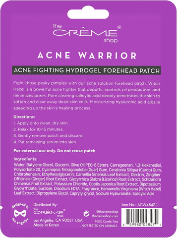 The Cre'Me Shop Acne Treatment Hydrogel Forehead Patch. Hyaluronic Acid + Salicylic Acid + Witch Hazel. Control Oil Production & Minimize Pores