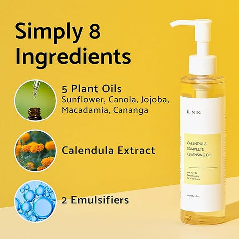 iUNIK Calendula Complete Deep Cleansing Oil, 6.70 Fl Oz ‚ 94% Natural Oil Cleanser, Makeup Remover for Waterproof Makeups. Mascara Sunscreen, Lipstick, Eyeliner - Facial Cleansing Oil Hydrating & Nou