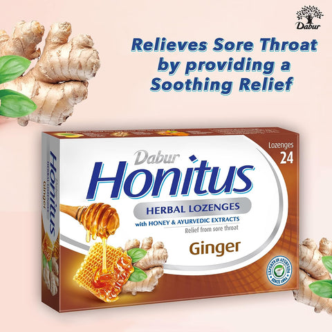 Dabur Herbal Honitus Lozenges - Ginger - 24 pieces + Dabur Tulsi Drops - 30 ml Combo Set