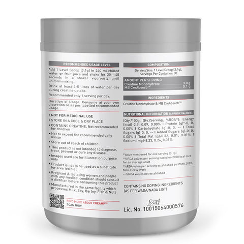 MuscleBlaze Creatine Monohydrate (Unflavoured, 0.55lbs / 250g) 50 Servings