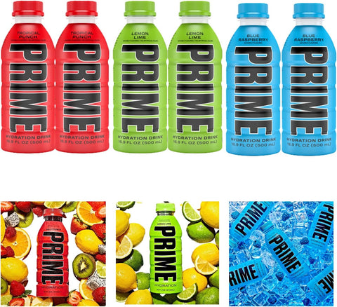 Prime Hydration Sports Drink Variety Pack - Energy Drink, Electrolyte Beverage - Lemon Lime, Tropical Punch, Blue Raspberry - 16.9 Fl Oz