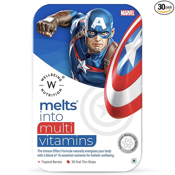 Wellbeing Nutrition Marvel Captain America Melts| Multivitamin for KidsTropical Berry Flavor (30 Oral Strips)