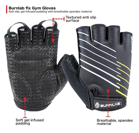 Burnlab Flex Gym Gloves for Men and Women - Ideal for Weightlifting, Cycling, Crossfit, Offers Good Grip and Soft Padding (Black Large)