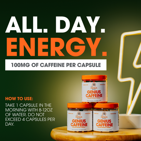 The Genius Brand Caffeine Sustained release 100mg Servings per container 100 Capsules