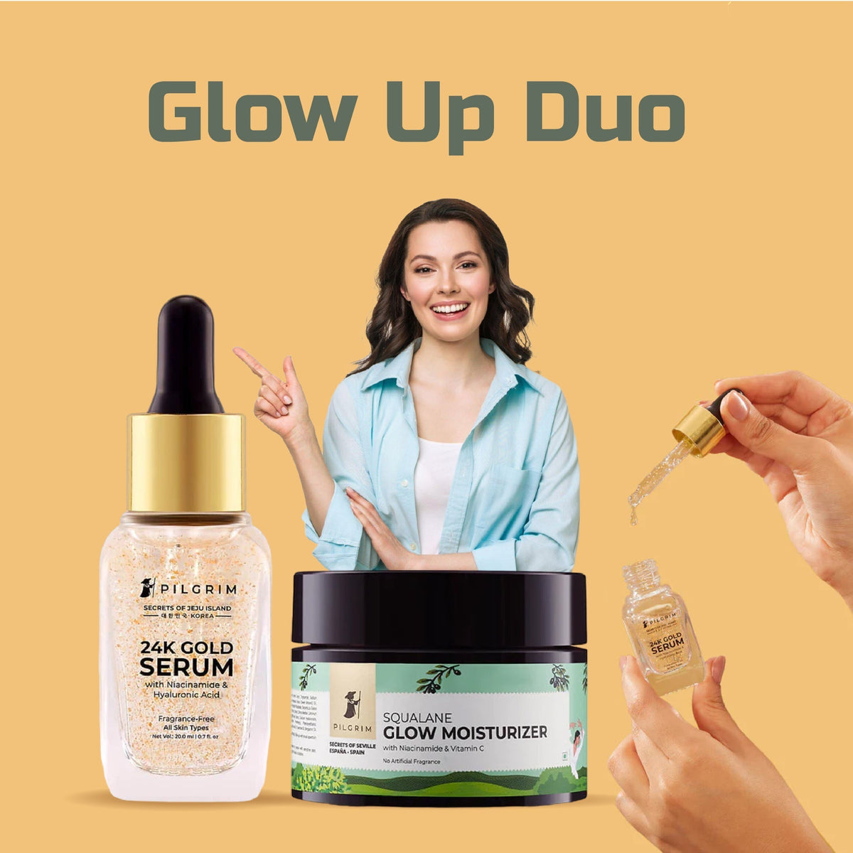 PILGRIM Squalane Glow Moisturizer With Niacinamide & Vitamin C 50g and PILGRIM 24K Gold Serum 20 Ml Combo