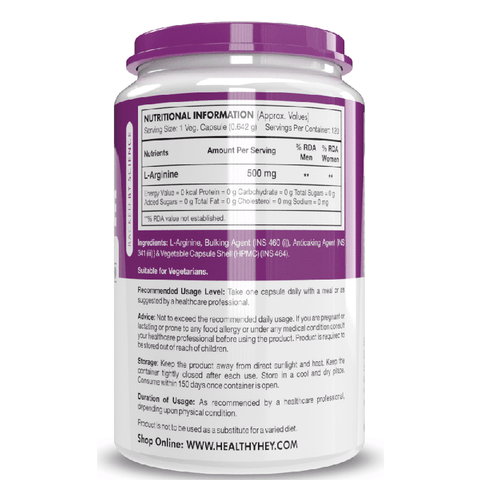 HealthyHey L-Arginine 120 Vegetable Capsules (Pack of 1)
