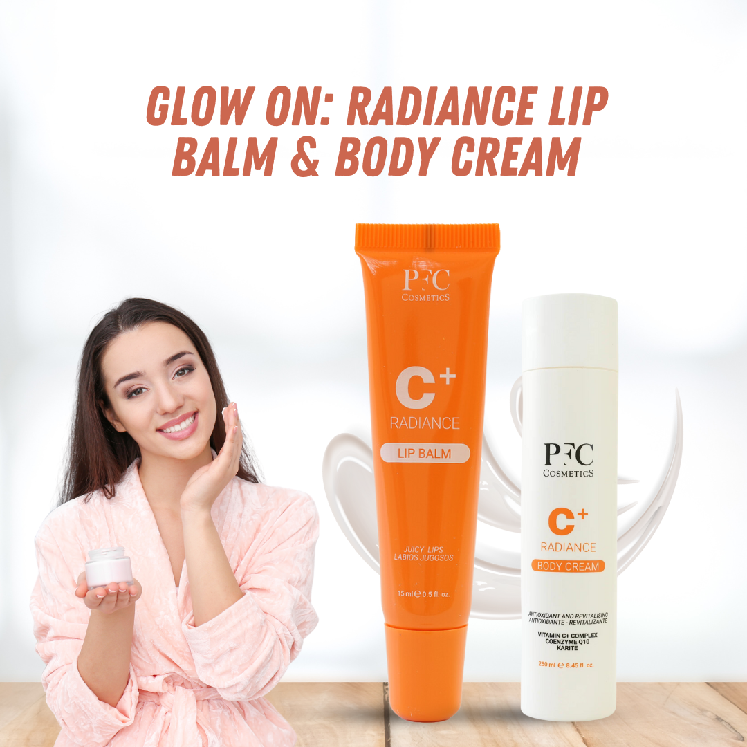 مجموعة التألق والتفتيح: مرطب الشفاه PFC Samapharma Radiance C+ 15 مل + كريم الجسم PFC Samapharma Radiance C+ 250 مل