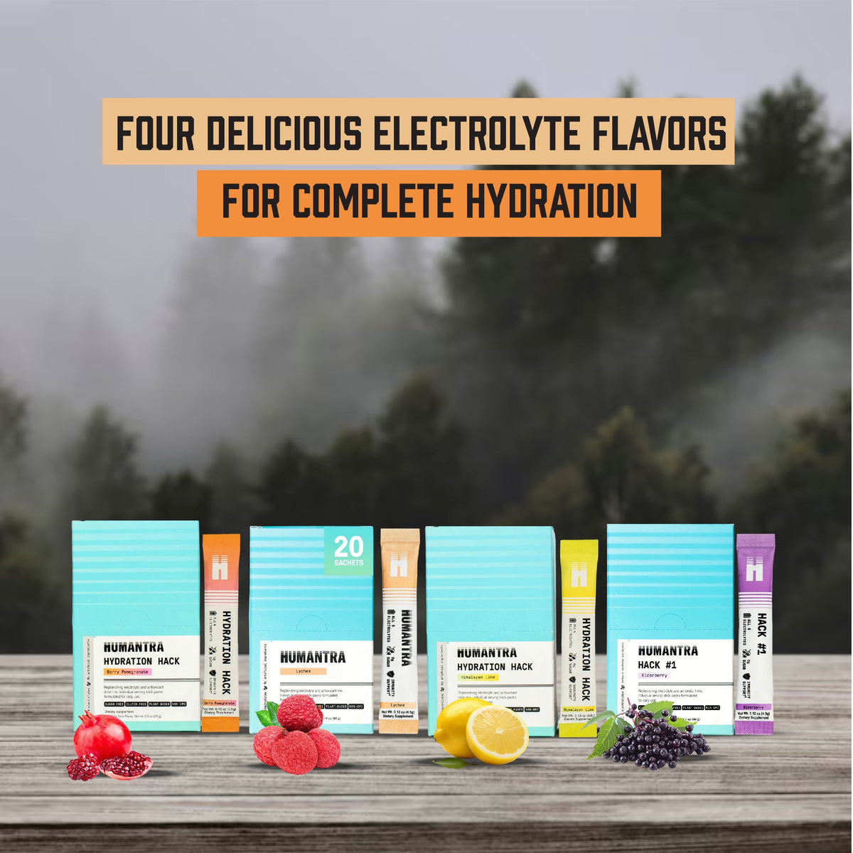 Full Variety Pack: Humantra Electrolyte Berry Pomegranate 70g + Humantra Electrolyte Elderberry 90g + Humantra Electrolyte Himalayan Lime 72g + Humantra Electrolyte Lychee flavour 80g