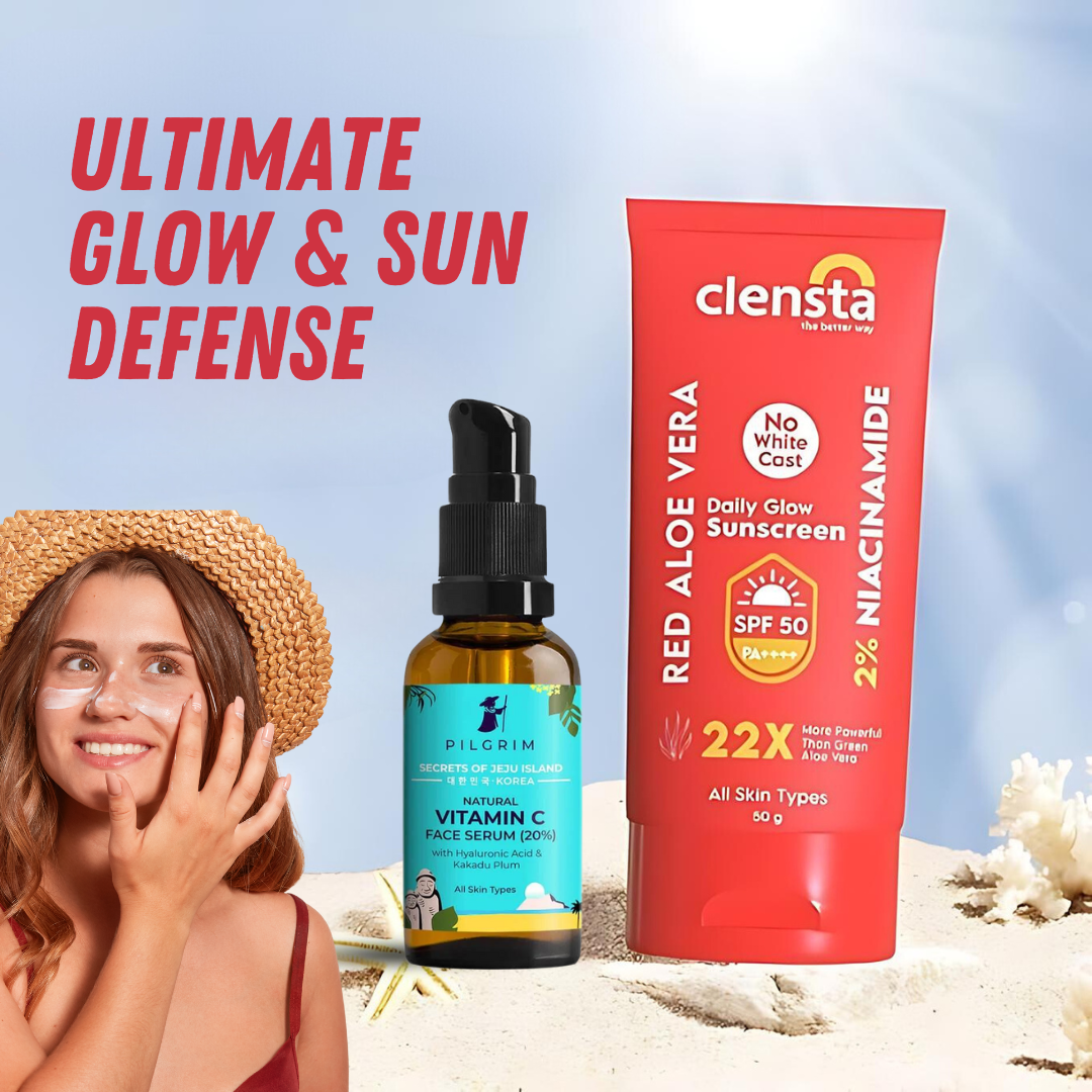 Ultimate Glow & Sun Defense : Clensta Red Aloe Vera Daily Matte Sunscreen SPF50 50gm (CLP084) and PILGRIM Natural Vitamin C Face Serum 30 ml