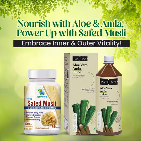 Kapiva Aloe Vera plus Amla Juice (1L) + Vedapure Safed Musli Power For Strength 60 Capsules