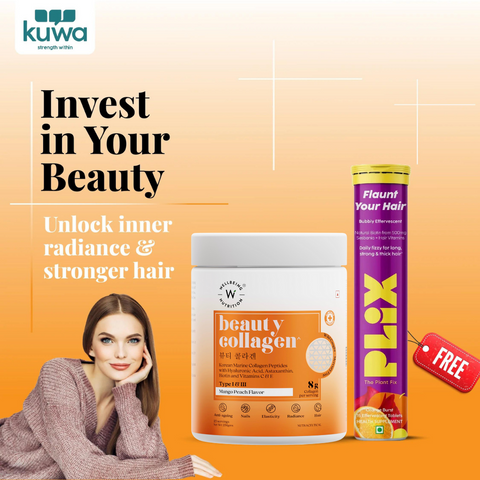 Wellbeing Nutrition Beauty Japanese Marine Collagen Peptides, 250 Gms + FREE Plix Flaunt Your Hair Orange Burst 15 Effervescent Tablets Combo