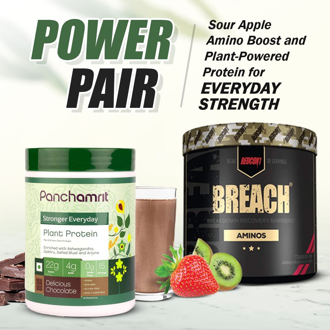 Redcon1 Breach Aminos Sour Apple 315 gms  and Panchamrit Stronger Everyday Plant Protein 500g (Combo)