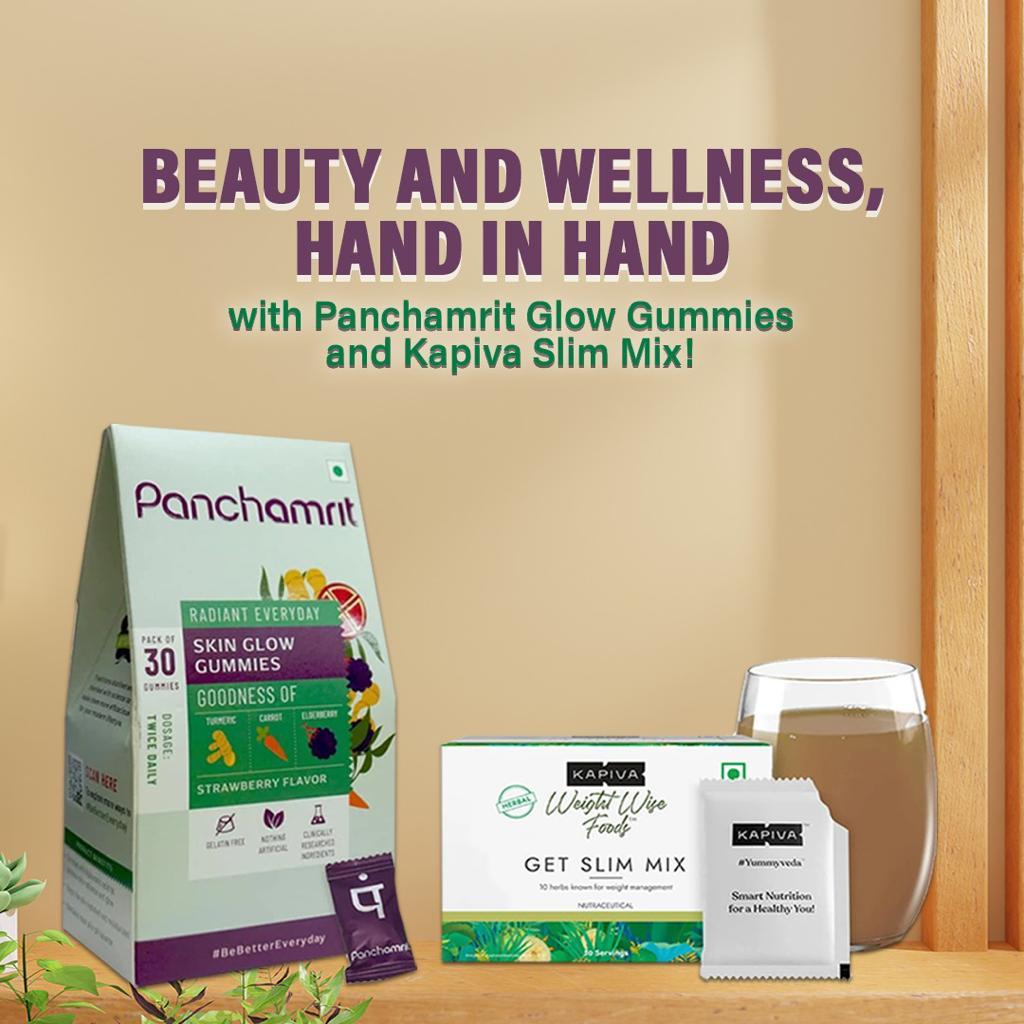 Panchamrit Radiant Everyday Skin Glow Gummies 30 and Kapiva Get Slim Mix 30 Servings Combo