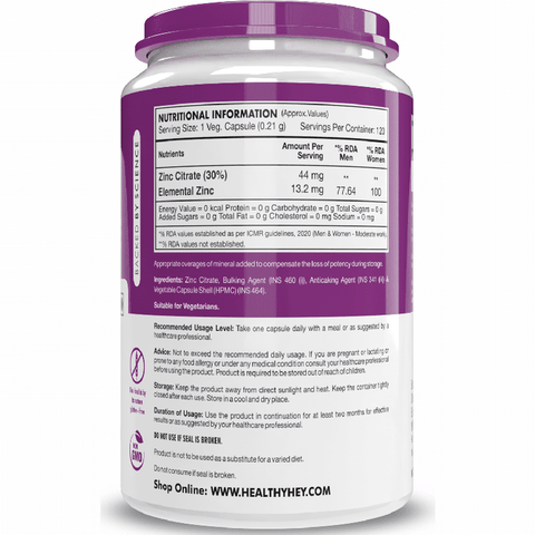 HealthyHey Zinc Citrate, Supports Immune and Immunity - 120 Veg Capsules