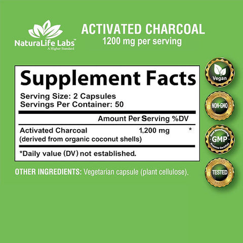 NaturaLife Labs Activated Charcoal 1,200mg per serving 100 veggie capsules