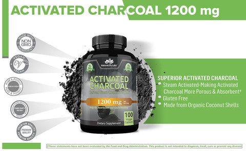 NaturaLife Labs Activated Charcoal 1,200mg per serving 100 veggie capsules