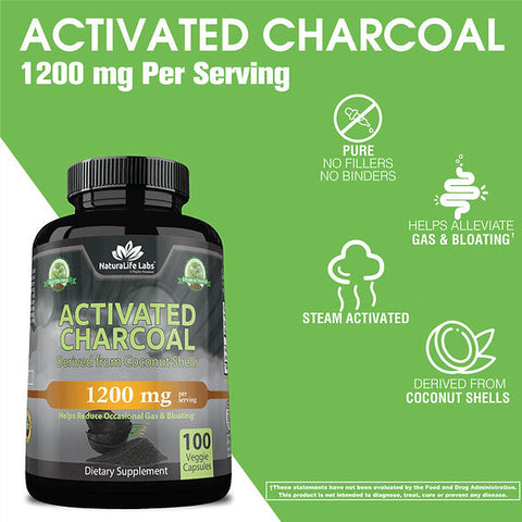 NaturaLife Labs Activated Charcoal 1,200mg per serving 100 veggie capsules