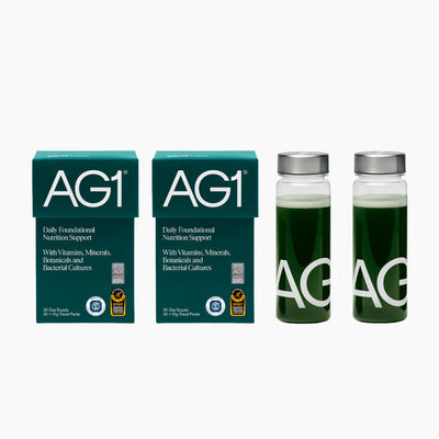 AG1 Daily Greens Powder – Ultimate Daily Whole Food Sourced All in One Greens Supplement Powder Travel Pack with Bottle (Pack of 2)