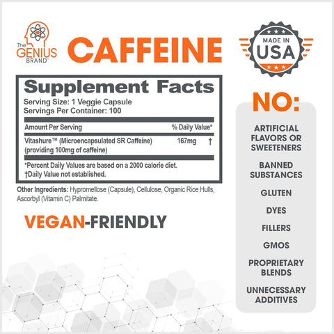 The Genius Brand Caffeine Sustained release 100mg Servings per container 100 Capsules