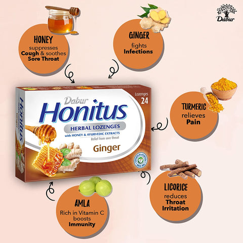 Dabur Honitus Lozenges - Ginger Flavour, 24 Lozenges