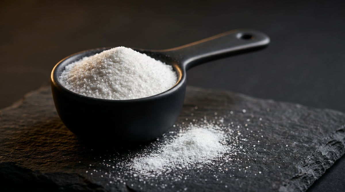 Pure white Creapure creatine monohydrate powder in a scoop