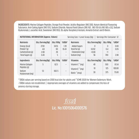 HK Vitals Skin Radiance Marine Collagen Supplement Powder (Orange, 100G) | Collagen Peptides With Vitamin C, E