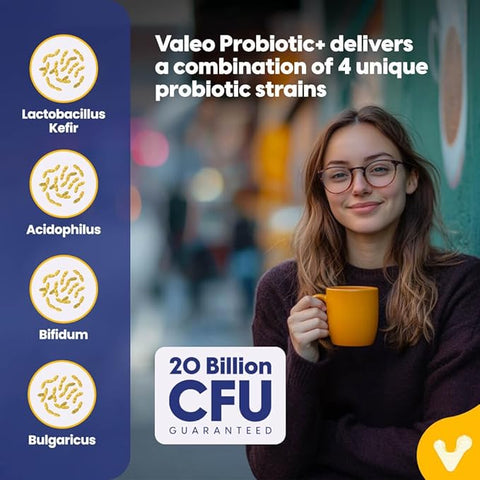 Valeo Probiotic+ | 20 Billion CFUs with 4 Probiotic Strains| Supports Digestive Health, Immune Function, and Gut Flora Balance | Health Supplement for Men & Women | 60 Capsules