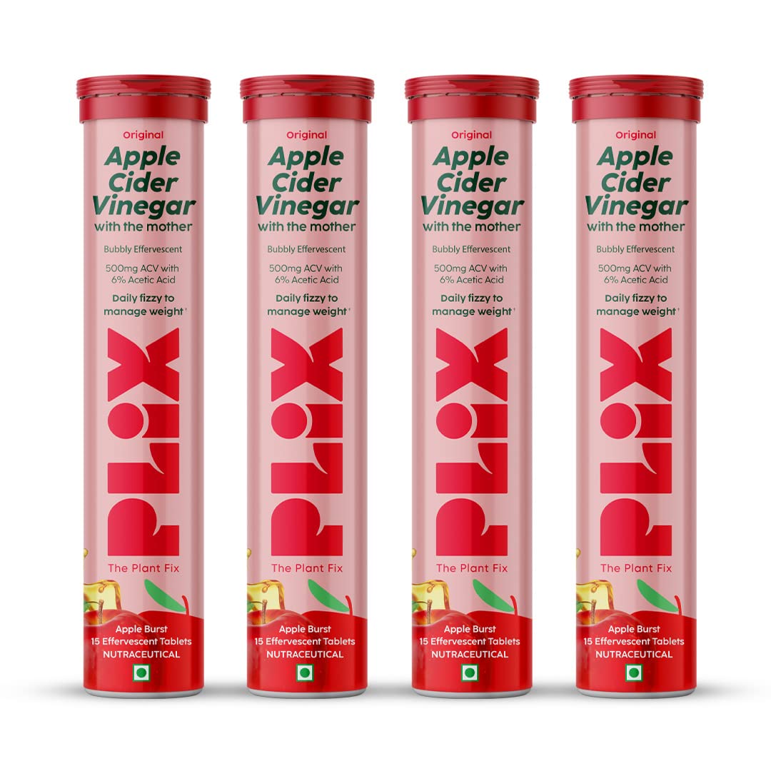 Plix Apple Cider Vinegar Apple Burst Red Daily Fizzy to support energy levels & weight 15 Effervescent Tablets (4/Pack)