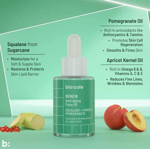 Biocule Renew Anti Aging Face Oil : Squalane + Apricot + Pomegranate 15ml