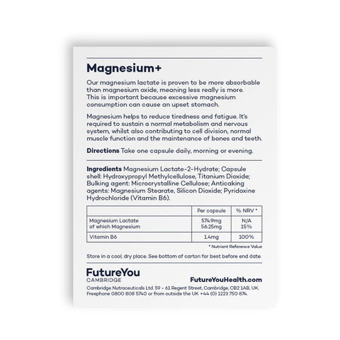 ماغنيسيوم 575 مجم لاكتات المغنيسيوم مع فيتامين ب 6 - تركيبة سهلة الامتصاص - مناسبة نباتية - كمية تكفي 28 يومًا - تم تطويرها بواسطة FutureYou Cambridge