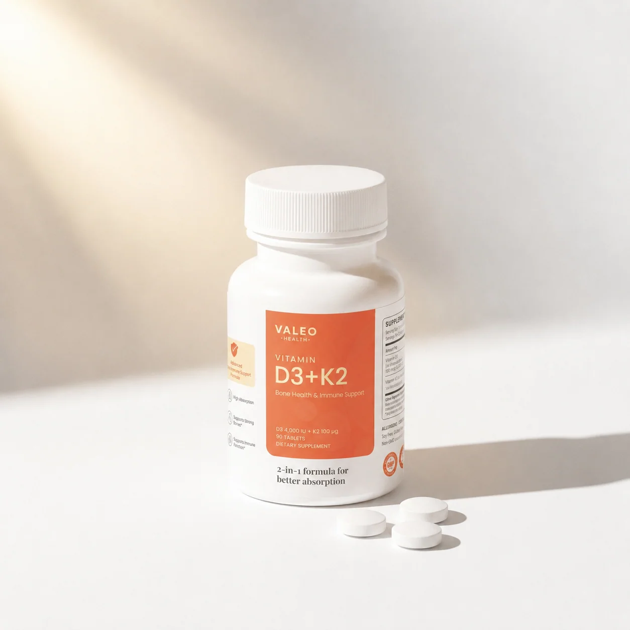 Valeo Vitamin D3 + K2 bottle, 90 tablets